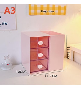Masaüstü Kalemlik Organizer 7 Bölmeli Kawaii Kapaklı Mini Çekmeceli Kalemlik - Pembe