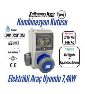 Bemis Kombinasyon Kutusu IP66 (40A Sigorta + Kaçak Akım Korumalı) (Taşınabilir Elektrikli Araç Şarj Cihazları İçin Uygundur) – 3/32A Ön Çıkış + 1/16A Ön Çıkış