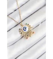pilelistore 316L Çelik Zirkon Taşlı Nazar Model Gold Renk Kadın Kolye - TJ-BKO10544