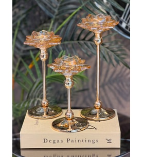 3'lü Metal Ayaklı Lotus Kristal Cam Şamdan Mumluk Seti (29 cm - 24 cm - 19 Cm) - Dekoratif Nilüfer Çiçeği