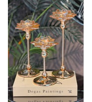 3'lü Metal Ayaklı Lotus Kristal Cam Şamdan Mumluk Seti (29 cm - 24 cm - 19 Cm) - Dekoratif Nilüfer Çiçeği