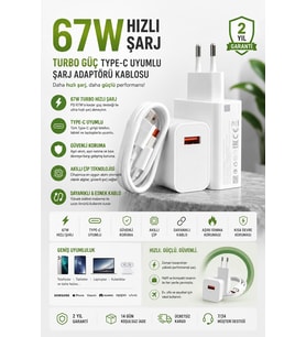 67W Beyaz Hızlı Şarj Seti Adaptör ve Kablo Dahil