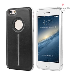 Pierre Cardin iPhone 6/6S ile Uyumlu Metal Çıtalı Arka Deri Kılıf Siyah PCT-P04