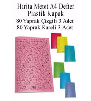 Defter Plastik Kapak A4 80 Yaprak Çizgili 3 Adet ve 80 Yaprak Kareli 3 Adet Harita Metod Defter (Çok Renkli)