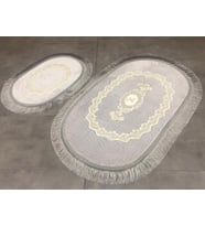 Exclusive Oval Gri 2'li Dantelli ve Saçaklı Banyo Paspası Çeyizlik Kaymaz 