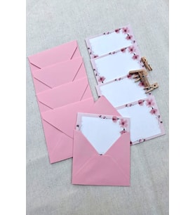 15 Adet Pembe Zarf ve Mandallı Pembe Çiçekli Kart - Hediye Paketleme Kartı   - Not Kartı 1.Hamur
