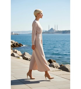 Kadın Maxi Elbise Bodycon Kayık Yaka Uzun Kol Örme Sandy Kumaş Düz Astarsız Kesim Tam Boy