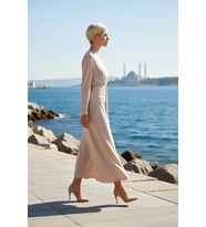 Kadın Maxi Elbise Bodycon Kayık Yaka Uzun Kol Örme Sandy Kumaş Düz Astarsız Kesim Tam Boy
