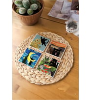 Atölye Sanat ve Kedi Temalı Bardak Altlığı 4’lü Set Doğal Taş (10x10 cm)