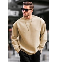 Erkek Düz Bisiklet Yaka 3 iplik pamuklu Sweatshirt - Bej