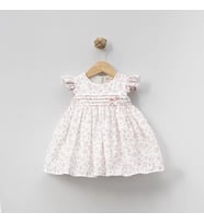 YAZLIK ÇİÇEK BASKILI OMUZLARI FIRFIRLI BEBE KIZ ELBİSE (Pembe)
