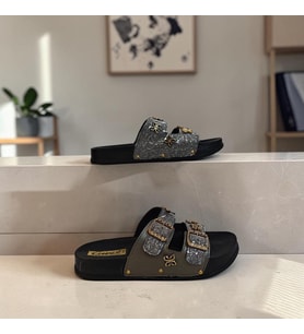 Capri Füme Ayarlanabilir Çift Tokalı Simli Taşlı Bayan Terlik