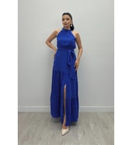 Viskon Kumas Puantiye Desenli Maxi Elbise - SAKS MAVİ (Saks Mavisi)