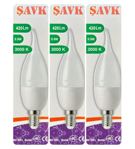 (3 Adet) Şavk 5,5W (37W) Sarı Işık (3000K) E14 Duylu (İnce Duy) Led Kıvrık Ampul