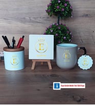 Baş Harf ve İsim Soyisim Dekoratif Taş, Kalemlik, Sihirli Oval Kupa Bardak, Ahşap Anahtarlık Hediye (Model 1)