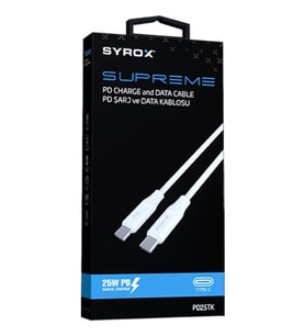 Syrox PD25TK Type-C to Type-C PD 25W Hızlı Data/Şarj Kablosu 1mt Beyaz