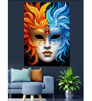 Mavi Turuncu Karnaval Yüz Maskesi Dekoratif Kanvas - Mdf Ahşap Tablo