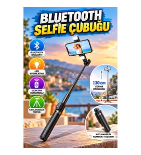 130 cm Bluetooth Selfie Çubuğu – LED Işıklı, Uzaktan Kumandalı, Katlanabilir Tripod