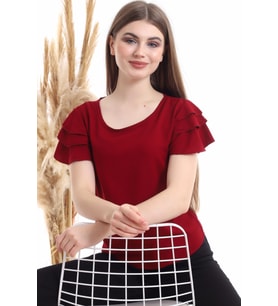 94022011 Dok.Viskon Fırfırlı Kısa Kol Bluz VIZON (Bordo)