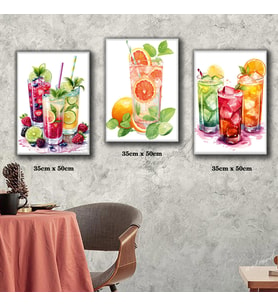 kokteyl içicekler soğuk meyve suları tablosu 3 adet 35cmx50cm kumaş baskılı canvas tablo