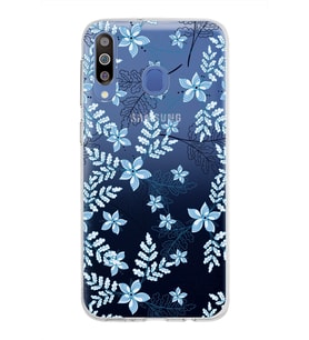 Samsung Galaxy M30 Kapak Floral Mavi Tasarımlı Şeffaf Silikon Kılıf