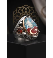 Osmanlı Tuğralı ve Ay Yıldızlı ve Kelime-i Tevhid Yazlı 925 Ayar Gümüş Yüzük Mineli 902962