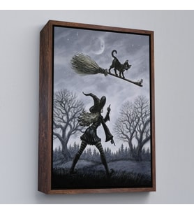 Çerçeveli Cadı Süpürgesi ile Uçan Kara Kedi Tablosu, Witches Halloween (Beyaz)