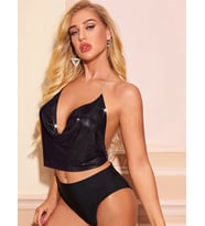 pilelistore Parlak Siyah Crop & Bluz Kolsuz Kayık Yaka Zırh Büstiyer