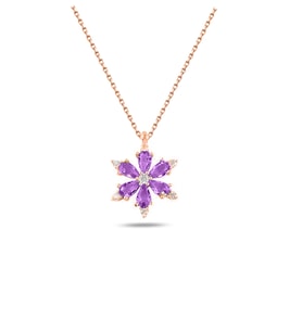 925 Ayar Lotus Çiçeği Ametist Taşlı Rose Gold Kadın Gümüş Kolye