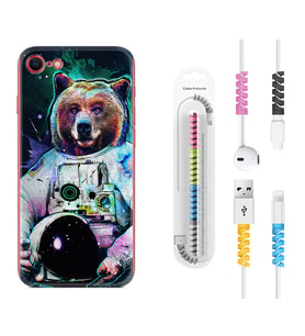 Apple iPhone 5 6 7 8 Plus Se XR Kılıf Kablo Koruma Spiral Silikon Astronot Panda 1755