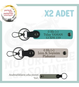 Klasik Motorculara, İsim Plaka ve 0 Rh (+) Kan Grubu, Kişiye Özel x2 Anahtarlık, Pudra-K Turkuaz-Gr (Çok Renkli)
