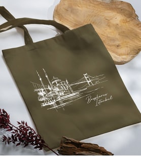BK Gift İstanbul Tasarımlı Haki Kumaş Bez Çanta, Baskılı Omuz Çantası, Alışveriş Çantası, Arkadaşa Hediye-5