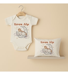 Pia Baby Premium %100 Pamuk İsme Özel Organik Baskılı Çıtçıtlı Bebek Body Ve Yastık Kılıfı 5051-19 (Ekru)