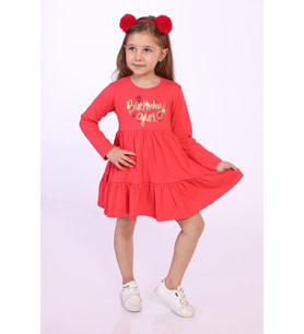 Toontoy Kız Çocuk Birthday Girl Baskılı Elbise (Nar Çiçeği)