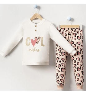 Kız Çocuk Ekru Kahverengi Cool Kalp Baskılı 2'li Pijama Takımı