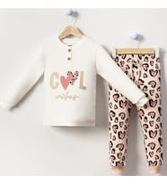 Kız Çocuk Ekru Kahverengi Cool Kalp Baskılı 2'li Pijama Takımı