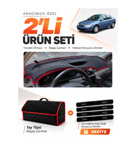 e-biz RENAULT LAGUNA 2 (2002-2005) Uyumlu Torpido Örtüsü + Tay Tüyü Çanta - Siyah-Kırmızı - RE033