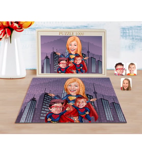 BK Gift Kişiye Özel Süper Anne ve Süper Çocuklar Karikatürlü 1000 Parça Profesyonel Puzzle-1