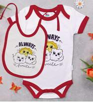 BK Kids Always Smile Tasarımlı Kırmızı Bebek Body Zıbın ve Mama Önlüğü Hediye Seti-1