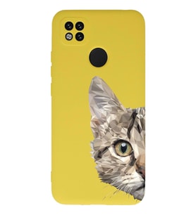 Xiaomi Redmi 9C Uyumlu Lansman Kılıf Catface Tasarımlı İçi Kadife Kapak-Sarı (Şeffaf)