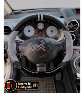 Citroen C4 Picasso Dikme Direksiyon Kılıfı Delikli Deri Parlak Siyah Gri Detay Çift Yüzük ve Dikiş 2010-2013