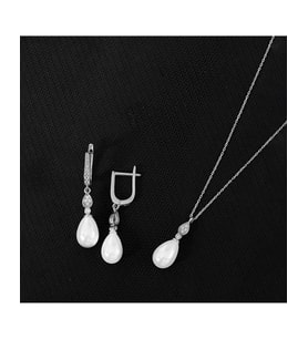 925 Ayar Zirkon Taşlı Damla Modeli Gümüş İnci Set (Rodyum)