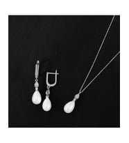925 Ayar Zirkon Taşlı Damla Modeli Gümüş İnci Set (Rodyum)