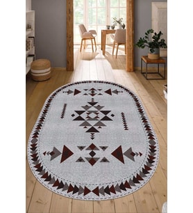 Dijital Baskılı Kaymaz Taban Yıkanabilir Oval Salon Halısı Mutfak Halısı Yolluk NDO-SD-1058 (Gri)