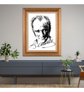 Altın Varaklı Çerçeveli Paspartulu Atatürk Tablo z5028 (Gold)