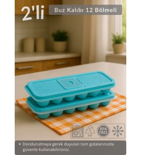 2'li Set Buz Kalıbı 12 Bölmeli Silikon Buz Küpü BPA FREE Kare Bas Parmak Buzluk Çapı 3,5 cm Mavi