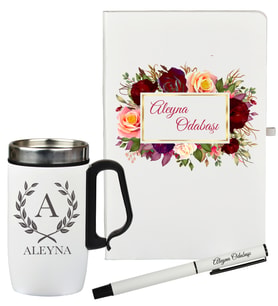 Anneye Hediye Kişiye Özel Çiçek Tasarımlı Hediye Defter Kalem Ve Termos Mug Seti