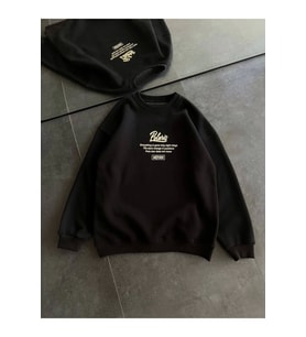Kışlık Bisiklet Yaka Ön Ve Arka Baskılı SweatShirt - Siyah