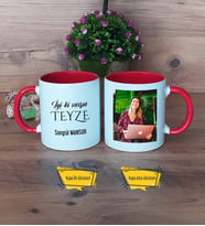 Teyzeye Doğum Günü Hediyesi Kupa Bardak Kırmızı Fotoğraflı