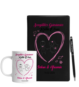 Sevgililer Gününe Özel Siyah Defter Kalem & Kupa Hediye Seti 24